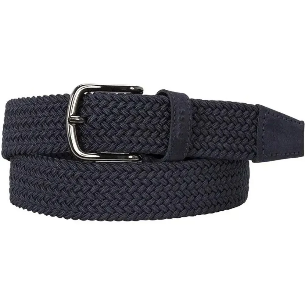HUGO BOSS Belt Mens Size 40 Navy Blue Braided Woven Silver Buckle SASH